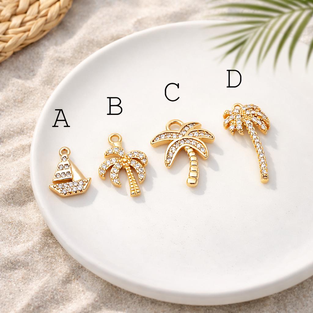 4pcs CZ Pave Sailboat & Tree Charms: 18K Gold Plated Brass, (GB-2374)